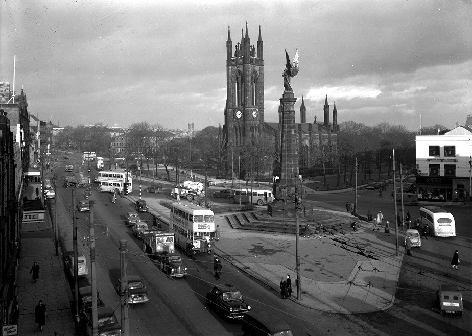 Black and white photograph Haymarket Newcastle with buses and other traffic in 1956